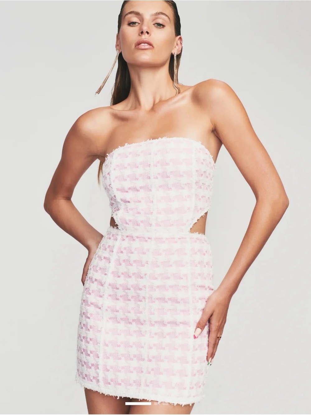 Retrofete Strapless Pink Tweed Cutout Mini Dress